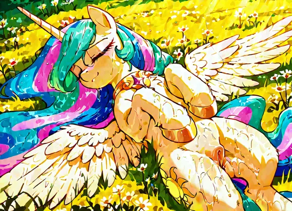 Princess Celestia, (1pony), my_little_pony, feral pony, official art style, soft pastel colors, gentle expression, laying on back, showing exposed pony pussy, anatomically correct pony pussy, wet pussy, wildflowers, natural sunlight, earthy tones, detailed fur texture, delicate wings, serene atmosphere, dynamic angle, <lora:Barrel_Twins-000006:2>, <lora:Pony_MLP_v1.8SDXL:.6>