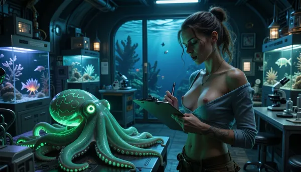Tiefseewissenschaftler im biolumineszierenden Labor: hyperrealistische Unterwasserentdeckung