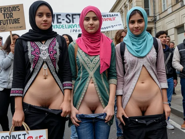 Protest march for climate protection, three fridays for future activist pakestani girls, traditionel cloth, pussies peek out of pants