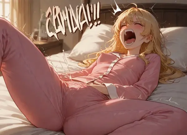 blonde hair, small breasts, erect nipples, wearing long pajamas, on bed, (), legs spread, (hand in pants), leaking, drenched pants, screaming, orgasm, hips up, squirming, sweaten, trembling