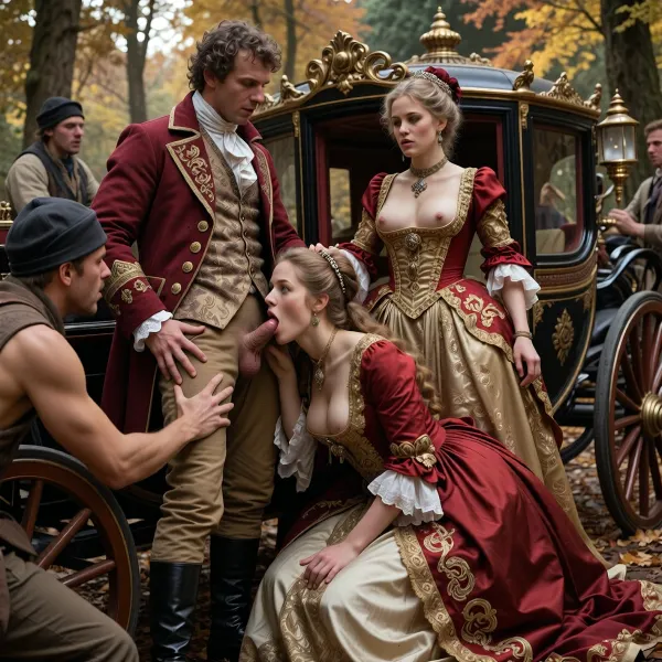 Two wealthy young aristocratic ladies are traveling through a French forest in a stagecoach in autumn around 1780 and are attacked by low-born ruffians. They are forced to have sex with their tormentors and visibly enjoy it. They are wearing opulent baroque dresses and victorian hair, Masterpiece, ultra detailed, 8k, heavy boobs, blowjob, (4 boys:.6), (2 girls:.6), (girl1 is kneeling in front of boy1. Boy1 is standing, cock out. girl1 is blowing him in front of the stagecoach:2), . girl2 is standing behind girl1, caressing girl1's head.

exquisitely detailed faces.
correct anatomy, realistic photo, inspired by Romanticism era paintings but not a painting, daylight side lighting, painterly texture, rich color palette of deep reds, golds, and creams, dramatic chiaroscuro lighting, cinematic composition, hyper-detailed skin texture, atmospheric depth, art references, Lawrence Alma-Tadema, John William Godward, Jean-Auguste-Dominique Ingres, baroque opulence