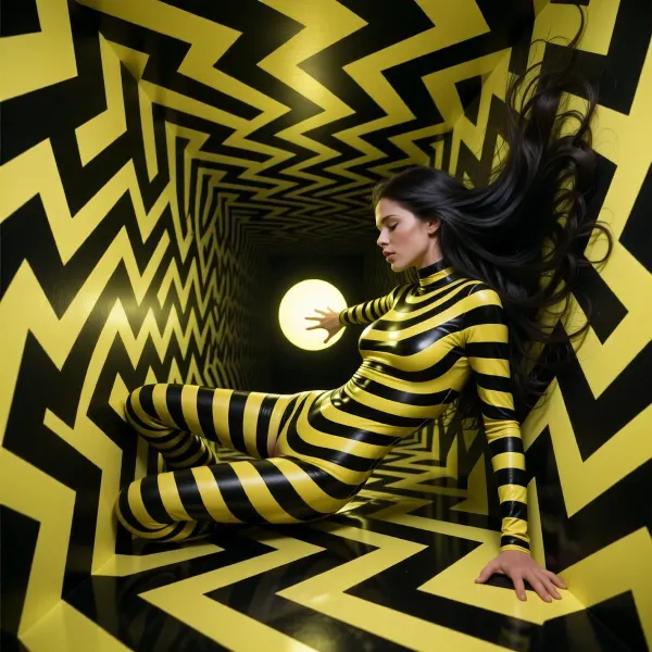 a highly detailed surreal photorealistic scene inspired by hypnotic optical illusion art, an endless tunnel of black and neon yellow zigzag patterns twisting inward toward a glowing floating sphere at the center, the geometry bending space and perspective in impossible ways, a 25 years old woman with long dark flowing hair appears partially suspended within the vortex, her body elegantly leaning backward as if gravity no longer exists, one hand reaching toward the glowing sphere while the other brushes against the warped patterned walls, her expression calm and mesmerized, her skin illuminated by the intense yellow reflections, the black and yellow stripes wrapping visually around her body and creating distorted depth illusions, her clothing sleek and minimal in monochrome tones blending into the surreal environment, strands of hair floating weightlessly as if underwater, the perspective exaggerated and dreamlike, the scene combining fashion photography, surrealism and optical illusion design, ultra photorealistic, cinematic realism, extreme contrast, glossy reflections, sharp geometric shadows, shallow depth of field, analog film grain, no digital sharpness, hypnotic and immersive atmosphere