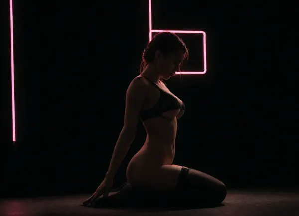 ((photorealistic)), (neon lights:1.8), (solo girl:1.6), (silhouette:1.8), ultra detailed face, (young woman), (youthful face), (petite), short, slim, (perky big breasts), (black lacy bra and black transparent stockings), underboob, shaved pubic hair, tight butt, (aroused), (parted lips), looking away, closed legs, sitting, shaved tight pussy, small pussy, 3/4 side view, High, Resolution, More, Details, 8K, zavy-slhtt, black, monochrome, silhouette, sun, sunset, orange, <lora:zavy-slhtt-sdxl:1.9>, <lora:Sunset:1.9>, <lora:dark:.8>