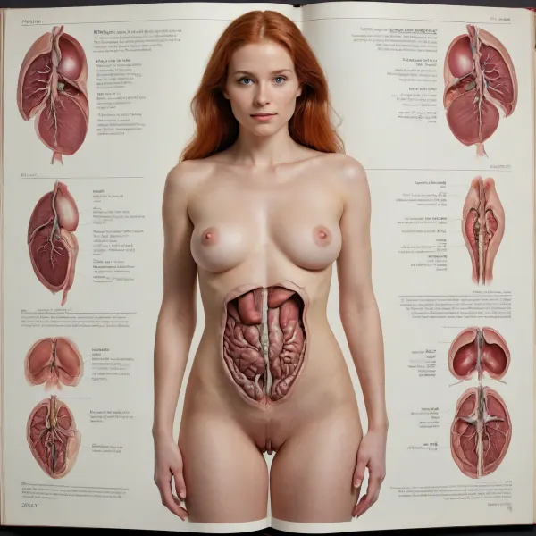 medicine gynocology book double page of a woman with organs, double page, one female per page, redhead caucasian woman, full female body, legs spread, woman showing organs, (heart, lungs, liver, uterus, bladder, colon, blood vessels), descriptions, words, Interresting inside views, medical information, explaining organs and blood vessels, detailed drawings, full body, cut open view, revealing naked breasts, lecture, long labia lips, landing strip, spread open, front and rear view, xray, gynecology, physicist, lexica, medical study, body worlds, detailed face, very detailed, sharp details, showing all body parts including face and feet