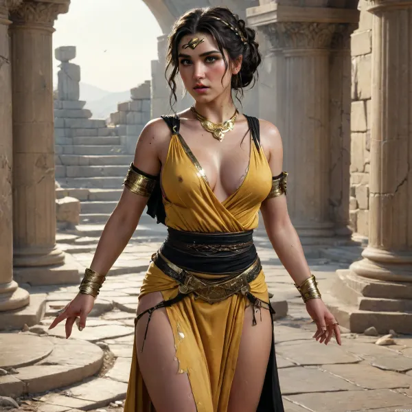 fullbody image of a girl wearing a fantasy_ toga, Brunette beauty, 29 years old, seductive pose, huge breasts, huge ass, small waist, hourglass figure, gigantic breasts, detailed eyes, detailed pupils, black braid, bangs, incredible facial detail, dynamic soft light, soft shadows, exceptional sharpness, vintage masterpiece, photorealistic, shattered observatory, broken telescopes, scattered stardust, lost cosmic knowledge, Ceren from Turkey, medium, (shoulder-length:1.2), [yellow-black], black hair, CCDWR, <lora:fantasy_toga_sdxl_v2.3:.8>, <lora:LORA_CCDWR:.8>