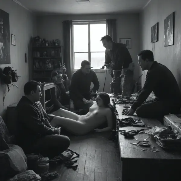 black and white photo, a man in black burglar outfit, disguised with a ski mask, r, pe, pe situation, has sex in different positions with a passionate moaning housewife, bedroom, indoor, inside a room, the men are holding her legs spread, (Many onlookers in the background:1.6), dripping pussy, in the background her husband is bound at a chair, helpless watching her, her husband in the background watches helplessly fixed with ropes on a chair, ultra long spreader bar, cuckold, (maximum detail), (super realistic photo:1.4), (maximum photo quality:1.4), (maximum resolution:1.5), Black, and, white, art, black, shading, charcoal, toned, brutal, dark, b/w, color, scheme, FRESHIDEAS, Real, Photography, 2#, ski, mask, <lora:MJ52:1.1>, <lora:Black and white art.V1:.7>, <lora:add-detail-xl:.3>, <lora:FRESHIDEAS Real Photography 2#:1.9>, <lora:ski_mask:.4>