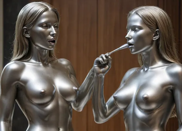 The girl is cast from stainless steel maximum realism exactly matches the description The statue is a completely naked all-metal virgin with large spherical breasts and long nipples polished to a mirror shine, (very detailed open pussy made of rainbow metal:1.3), beautiful facial features with long shiny eyelashes, (metal:1.9), artoflips, uoclips, lips, lipstick, art, of, ((cast from stainless steel)), ral-polishedsteel, wood, statue, marble, bronze, cunnilingus, 2girls, girl, licking, pussy, <lora:ral-polishedsteel-sdxl:2>, <lora:Statue_XL:2>, <lora:Cunnilingus XL:.8>