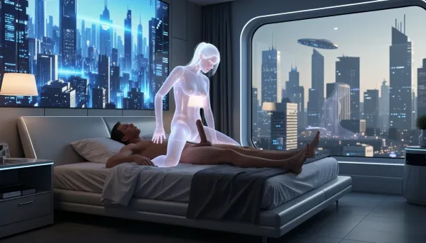 A highly detailed, photorealistic depiction of a futuristic bedroom, (featuring a human man has sex with a holographic woman:1.3), the man is lounging in a sleek, realistic penis, modern bed, the room is illuminated by soft, ambient lighting, the walls are adorned with large LED panels displaying a futuristic cityscape, outside the window, a blurred view of a bustling metropolis with towering skyscrapers and flying vehicles, (the holographic woman appears translucent and ethereal:1.6), (her features are finely detailed but slightly transparent:1.4), (she radiates a soft glow:1.2), She sits astride his penis, his penis is visible through her translucent body, the room is minimalistic yet advanced, with smart furniture and adaptive technology, the focus remains on the various intimate interaction between the man and the holographic woman, blending technology and reality in a seamless, futuristic ambiance
