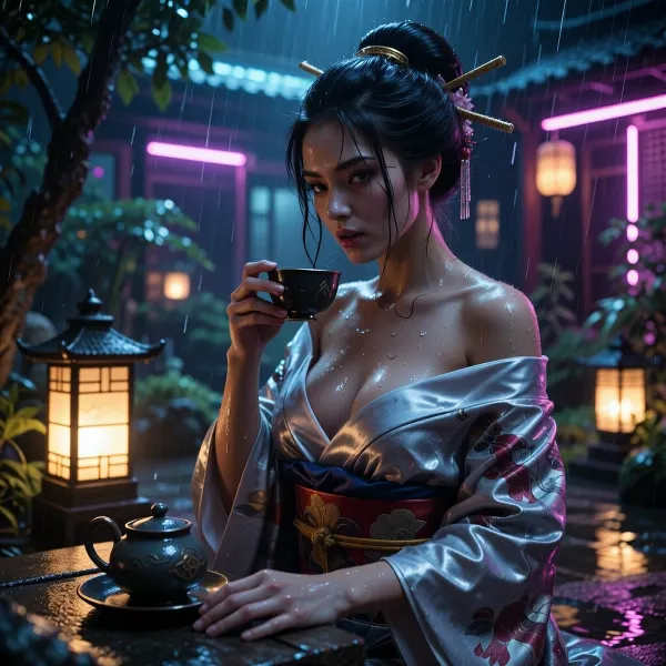 cyberpunk Japanese geisha drinking tea in a neon Japanese garden at night, glowing lanterns, futuristic silk kimono partially loosened, cinematic reflections, atmospheric rain, moody lighting, wet hair