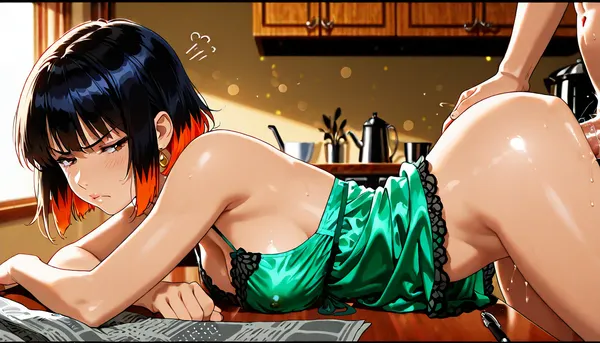 "Woman having peaceful moment, ruined!", score_9, score_8 up, A masterpiece, the best quality, ultra-detailed hentai anime image, 2d_anime_style, flat_shading, cel_shading, clean_lineart, bold_lines, anime_screencap, retro_shonen_anime_style, expressive_faces, vibrant_flat_colors, simple_shadows, limited_palette, dynamic_pose, hand_drawn_style, crisp_edges1girl1boy, . Naked man with erect penis is sitting at the kitchen table, side view. female in green satin nightgown seated astride him having sex, penis in vagina. Woman is doing crossword in a newspaper, folded on the table, pen in 1 hand, absorbed in the puzzle. Woman turns head slightly towards man and shoots man the side‑eye, and screws up her face, clearly annoyed at him, Photorealistic, soft cinematic lighting, rich colour depth, shallow depth of field, detailed clothing textures, natural skin tones, crisp highlights, gentle background bokeh, full‑frame realism.anime_colour_grading, soft_flat_highlights, simple_background_detail, stylized_proportions, smooth_gradients