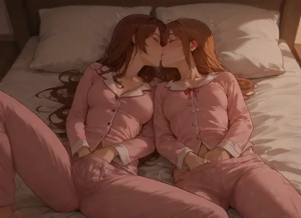 two women, lying together, small breasts, medium breasts, tall, short, wearing long pajamas, on bed, (), legs spread, masturbating, kissing, (hand in pants), leaking, drenched pants, hips up, squirming, sweaten, trembling