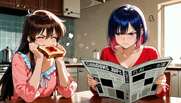 score_9, score_8 up, A masterpiece, the best quality, ultra-detailed hentai anime image, 2d_anime_style, flat_shading, cel_shading, clean_lineart, bold_lines, anime_screencap, retro_shonen_anime_style, expressive_faces, vibrant_flat_colors, simple_shadows, limited_palette, dynamic_pose, hand_drawn_style, crisp_edges

2girls, Two female flatmates in modest morning nightwear both seated at the kitchen table together. Girl A, wearing pink, is reading a large full‑size newspaper, absorbed in the article. Girl B, wearing blue, sits beside her, chewing loudly on toast, visual 'chew' noises emanating from toast, completely unaware, of how distracting she is, eyes part closed, blissful look, enjoying her toast. Girl A turns head towards Girl B and shoots Girl B the side‑eye, and screws up her face, (angry face), very annoyed at girl B. Photorealistic, soft cinematic lighting, rich colour depth, shallow depth of field, detailed clothing textures, natural skin tones, crisp highlights, gentle background bokeh, full‑frame realism.

anime_colour_grading, soft_flat_highlights, simple_background_detail, stylized_proportions, smooth_gradients