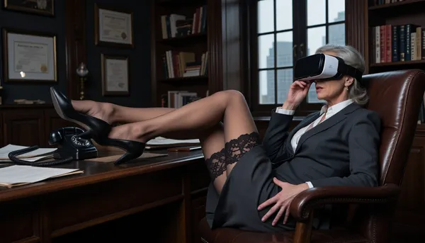 A dimly lit, noir-inspired office with towering dark wood bookshelves, large windows faintly revealing a blurred city skyline, framed certificates on the walls, a grand mahogany desk with a vintage telephone and scattered files, the confident businesswoman, 55 years old, reclines in a leather executive chair, legs bent, feet resting on the desk edge, wearing a dark grey skirt suit, a white blouse, subtle jewelry, sheer thigh-high stockings with lace tops barely visible, she wears a sleek VR headset, blending timeless elegance with futuristic ambition, her lips slightly parted, her right hand delicately poised adjusting the headset, while, her left hand rests inside her panties made of silk, high heels pressing into the desk edge, the viewpoint from an angled perspective revealing the subtle tension of the scene, the soft glow of ambient light casting shadows, every detail of the textures—skin, fabric, wood—rendered with the depth of a classic noir film, ultra-photorealistic, cinematic atmosphere, 35mm film style, deep shadows, rich contrast, subtle analog grain, a moment of poised intrigue.