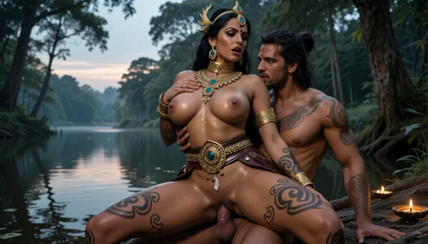 Cinematic Vedic fantasy, 16k. A regal Rakshasi Woman in a dominant embrace with a muscular Kshatriya Man in a forest lake banks, early morning hour. Missionary position, pussy penetration, rounded breasts, massive ass, flat stomach, orgasm, cum in pussy, Woman is adorned in royal temple jewelry, a heavy gold choker, and a traditional intricate leather-and-gold waist belt, (Kamarbandh), . Her skin is decorated with swirling tribal marks. Dramatic chiaroscuro lighting, diyas.