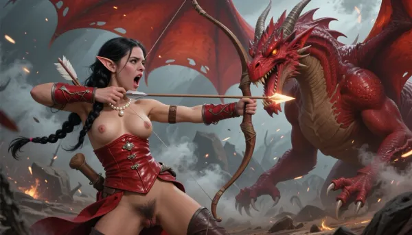 a beautiful young elf princess, SamDoesArt2, frightened, open, mouth, clenched, teeth, (dark haired skinny female elf:1.3), very beautiful face, plump labia, pubic hair, open pussy lips, dark tan skin, braided black hair, french braid, pearl necklace, small breasts, stiff nipples, pearl jewelry, red leather ranger armor, red leather bodice, carrying a bow, firing an arrow, elegant, dynamic pose, elf ears, perfect eyes, elaborated beautiful woman, masterpiece, full body view, she faces down a red dragon, the dragon faces her and towers over her, her arrow flies from her bow into the neck of the dragon, the dragon claws at her body, wide shot showing side view of dragon and elf facing eachother, elf is much smaller than the dragon, Oil painting style, Greg Rutkowski inspired, ethereal, cinematic lighting, hyper-realistic, 8k resolution, intricate detail, high fantasy, "Lord of the Rings" aesthetic. A cinematic wide shot of a beautiful elvish princess in ranger armor facing a massive red dragon, amid a battlefield with smoke and magical sparks, epic scale.