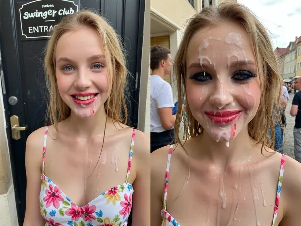 Split screen. Same girl each photo. Instagram influencer style portrait, ultra-realistic, candid amateur photo, natural lighting, candid pose. First screen, Young happy blonde with blue eyes wearing nice summerdress with flower print, standing before black door with sign "swinger Club ENTRANCE" full body view. Second screen same young blonde läuft eine belebte straße in Würzburg entlang, sie trägt das selbe kleid, dass nass und voll mit klebrigem sperma ist, ihr makeup ist komplett zerstört, ihr schwarzes augen-makeup ist verschmiert, der schwarze mascara läuft in langen glänzenden bahnen ihre wangen hinunter, ihr roter lippenstift ist verschmiert und schatten von roter farbe umringen ihren leicht geöffneten mund voller sperma, das sperma ist ultra-realistisch und korrekt beleuchtet, ihr gesicht ist voll mit sperma, ihre blonden haare sind feucht und verklebt mit einer weißen, durchsihtigen flüssigkeit, auch ihr gesicht wirkt stark verklebt und matte und glänzende flächen wechselns sich ab, sie sieht erschöpft und angeekelt aus, dennoch versucht sie zu lächelm, die menschen um sie herum schauen sie angewidert an, full body view .
