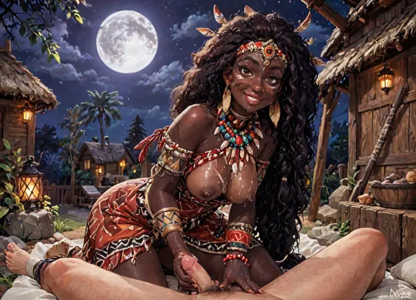(reiq meets innv and Jack cayless art style), (Incase style:1.2), ((30 years old woman)), (mature adult face:1.6), Best quality, super focus, (dark night:1.5), (moon light:1.5), (only natural light:1.8), Extreme realistic photo of a 30 year old nubian tribal girl, natural dim moonlight, (nubian princess:1.5), ((she has very deep black skin:1.5)), (((natural tits size AA))), very small breast, (small natural tits:1.5), nipples visible, huge unruly afro hair, ((very long hair)), (native african tribal dress:1.5), tribal paintings on her skin, hairy pussy, massive pubic hair mound, she is kneeling down and giving a handjob to a white male, uncircumcised dick, 1man, (caucasian man:1.5), caucasian dick, happy smile, she is looking at the viewer, cumshot, ejaculation, black skin, ((nubian princess)), (((deep black skin))), (((location is a native african tribal village by night))), perfect face, perfect fingers, perfect teeth, perfect mouth, white man, (white cock), (small cock:1.5), ((cum on breasts)), ((cum dripping from chin)), detailed, eyes, perfect, freckles, skin, texture, photorealistic, <lora:sd_xl_turbo_lora_v1-64dim:2>, <lora:futureistic_fantasy_anime_sdxl_v1:2>, <lora:Incase_Style__SDXL:2>, <lora:add-detail-xl:2>, <lora:Super_Eye_Detailer_By_Stable_Yogi_SDPD0:2>