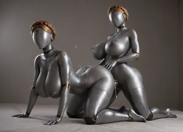twins from atomic heart, full metallic body, full metallic robot body, full metallic skin, faceless, no eyes, no mouth, no nose, mega busty, massive huge mega breasts, massive tits, gigantic breasts, erected nipples, black nail polish, black choker, ultra beautiful woman, ultra detailed textures, perfect long legs, long and hard nipples, big roung bubble butt, bulging ass, hour glass figure, thick thighs, beautiful long legs, BadX, woman, robot, joints, blond, hair, thighhighs, redstar, on, forehead, bodysuit, thigh, gap, large, breast, reflexion, metallic, modeling, on all fours, doggystyle sex, (vaginal sex:1.6), (heavy ejaculating:1.4), groping, cupping, squeezing, (gorgeous twin Futanari partner), 3/4 side view, looking at viewer, <lora:Venus_Body_Alpha:.8>, <lora:Twins1024:.8>, <lora:EnvyMetallicXL01:.8>