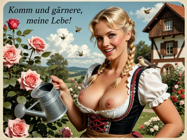 cheerful vintage charming German woman gardener in a rose garden, She is carrying a small watering can., (old-school postcard style), (text, Komm und gärtnere, meine Liebe!), rustic german house in background, little bees flying, little bird on her shoulder, playful smile, highly detailed, traditional German clothes, big breast visible, traditional German braids, blond hair, blue eyes