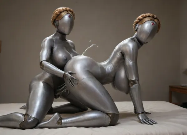 twins from atomic heart, full metallic body, full metallic robot body, full metallic skin, faceless, no eyes, no mouth, no nose, mega busty, massive huge mega breasts, massive tits, gigantic breasts, erected nipples, black nail polish, black choker, ultra beautiful woman, ultra detailed textures, perfect long legs, long and hard nipples, big roung bubble butt, bulging ass, hour glass figure, thick thighs, beautiful long legs, BadX, woman, robot, joints, blond, hair, thighhighs, redstar, on, forehead, bodysuit, thigh, gap, large, breast, reflexion, metallic, modeling, on all fours, doggystyle sex, (vaginal sex:1.6), (heavy ejaculating:1.4), groping, cupping, squeezing, (gorgeous twin Futanari partner:1.2), 3/4 side view, looking at viewer, <lora:Venus_Body_Alpha:.8>, <lora:Twins1024:.8>, <lora:EnvyMetallicXL01:.8>