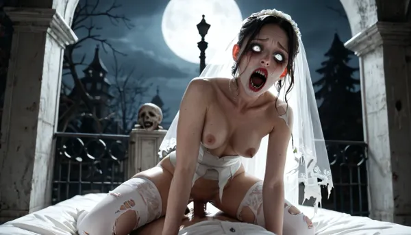 (girl at cemetry riding vaginal sex, ((horror theme:1.3)), ((lustfull face)), ((torn white stockings)), ((black wedding dress)), moonlight, ((obsessed:1.4)), ((white eyes)), ((orgasm:1.4)))