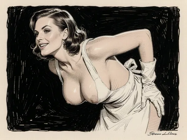 (Line art:2), (monochrome sepia ink drawing, no other color:2), (black and white:2), (ultra stylized dark background:1.3), 1woman., 2/3 side view, full body drawing of a 1950's middle-class lady, 30 years old, 1950s style, 1950s style brunette hair, smirking, (playing coy, but horny as hell:1.5), sharp angular facial features, long pointed chin, narrow nose, large nose, wearing a full-sized white apron covering her entire upper body and also most of her big torpedo breasts, sideboob, rubber gloves, bending forward, intentionally causing an overboob, stylized sepia ink drawing, pen and ink technique, with cross-hatching and line work. Style of Stramaglia. Style of Bruno LeCoq. Style of Gotha. Drawn using line drawing and cross-hatching techniques to create volume, depth, and shadows. Drawn on textured paper. Fine lines and shading are visible throughout the drawing. Pen and ink style. Fine marine ink, fine pen and ink lines, surgical precision strokes in the fine details and firmness in the details of the thicker lines. Precise pen shading, ink drawing.