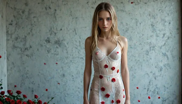 long blonde hair with chestnut highlights, skinny, solo focus, wall full of roses, lots of rose petals, slim body, sad face, standing, wet skin, wet hair, (wet multicolor dress), blush, look at viewer, <lora:detailed_notrigger:.8>, pov