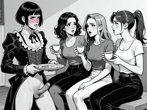 A black-and-white comic panel in a bold, expressive cartoon style, depicting three women and one man in a dramatic social interaction. On the left, a man with short, dark, bobbed hair and a frilly, high-collared dress stands with a blush on his cheeks, holding a tea tray, looking embarrassed and flustered. He is naked from the waist down. he has a penis with an errection. To his right, three women are seated on a bench, engaged in animated conversation, each holding a teacup. They have varied hairstyles—wavy, straight, and ponytailed—and wear casual tops and pants. Their expressions range from amused to judgmental, with exaggerated features and wide eyes. The lighting is flat and graphic, typical of comic art, with strong black outlines and minimal shading. The background is a simple, unadorned interior with a plain wall and floor, keeping focus on the characters. The overall composition is dynamic, with characters leaning in and gesturing, creating a sense of tension and gossip.