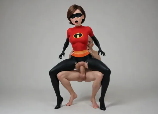 full body view, Mr.Indestructible from the Incredibles fucks Helen parr from the Incredibles, (Helen parr, anal sex, a woman in a torn costume of the Incredibles with a blindfold, having sex, horror on her face, shocked, standing with cancer pressed to the ground, big breasts), (Mr.Indestructible, The Incredibles costume, muscular man, black blindfold, superhero with giant dick and balls, massive cock), MrIndestructible1024, <lora:MrIndestructible1024:.8>