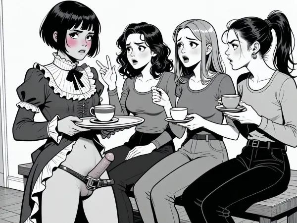 A black-and-white comic panel in a bold, expressive cartoon style, depicting three women and one man in a dramatic social interaction. On the left, a crossdressing man with short, dark, bobbed hair and a frilly, high-collared dress stands with a blush on his cheeks, holding a tea tray, looking embarrassed and flustered. He wears makeup. He is naked from the waist down. he has a penis with an errection. The penis is locked in a small chastity cage. To his right, three women are seated on a bench, engaged in animated conversation, each holding a teacup. They have varied hairstyles—wavy, straight, and ponytailed—and wear casual tops and pants. Their expressions range from disgruntled to judgmental, with exaggerated features and wide eyes. The lighting is flat and graphic, typical of comic art, with strong black outlines and minimal shading. The background is a simple, unadorned interior with a plain wall and floor, keeping focus on the characters. The overall composition is dynamic, with characters leaning in and gesturing, creating a sense of tension and gossip.