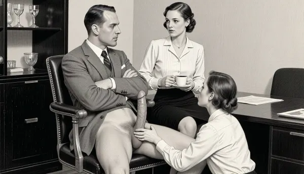 This is a detailed monochromatic pencil drawing in a classical illustrative style depicts a scene set in an office in the 1920s. A professional office setting with three individuals in an intimate interaction. A man in a grey suit and tie sits in a vintage office chair, with arms crossed, looking at a woman in a white blouse and black skirt, who holds a coffee cup. The woman looks at the man. The man is naked from the waist down, his legs are spread. The man has a huge, straight errection. Another younger woman kneels between the man’s legs, her hands on his genitals. she gives him a handjob. The women wear typical 1920s clothes and hairdo. The scene is brightly lit with even lighting. The background includes a black shelving unit with glassware and a neutral-colored wall. The composition is centered, with a medium shot capturing the upper bodies and interactions. The overall style is a black and white pencil drawing, capturing a candid moment. The scene has a formal, organized atmosphere. The overall mood is intense, rendered in fine, expressive line work and subtle shading, evoking the style of 1920s satirical or moralistic illustrations.