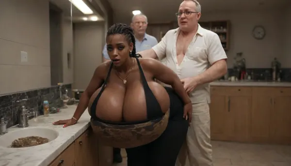 (((((very beautiful slutty seductive African prostitute woman fucking a very fat very old business man standing next to her))))), (very gigantic very massive droopy tits:1.5), (very overflowing cleavage:1.45), (very low cut long boob cleavage:1.25), (fucking from behind:1.5), at a brothel in a whirlpool, (absolutely black skin:1.65)