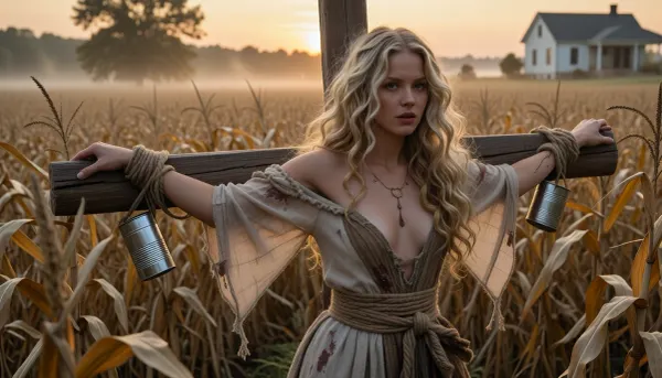 A stunning, slender 25-year-old woman with long blonde curly hair, bound to a wooden cross like a scarecrow in an endless cornfield at golden late afternoon light, a gentle mist hovering above the ground, a distant American farmhouse in the background, an air of mystery, high detail, photorealism, rich depth, intricate corn stalks, intricate woman, visible skin texture, detailed clothing fabric, detailed face, high-detail hair, the woman as the absolute focal point, her wrists bound to the cross by twine, empty tin cans hanging from her wrists, clinking softly in the wind, worn and dirty clothing, a contrast between her ethereal beauty and the unsettling scarecrow form, soft golden light, the whole scene wrapped in a dreamlike, surreal atmosphere, highly detailed, with the woman as the absolute center of focus