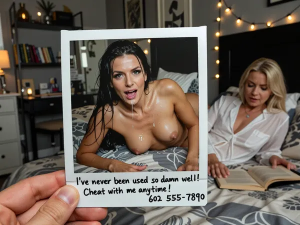 A close-up square instant photograph from a classic instant camera with a white border at the bottom, a male hand holds the photograph in sharp focus, his fingers detailed, the photo shows a portrait of a sexy woman, 28 years old, lying on a rumpled bed, disheveled, sweaty skin, very long black hair, tight body, hard nipples, skinny collarbone, small breasts, very detailed aged face, seductive pose, sweat, her face and expression showing orgasm, eyes open, large eyes, gasping with pleasure, (extraordinary much dripping cum on face:1.6), (cum on tits:1.6), natural beauty, this photograph is the entire focus, high detail showing her skin texture and the bedding, at the bottom of the photo it handwritten says, "I’ve never been used so damn well! Cheat with me anytime! 602 555-7890", In the blurred background a dimmed entire bedroom visible with a boring Blonde woman in bed, 35 years old, (with blonde hair in white linen pajamas reading a book in bed:1.4), the same room and bedding design as in the photo, the bed linens and surroundings are identical, The bedroom is charmingly furnished with shelves and books, a desk, string lights, and ambient lighting, the entire scene filled with a sense of absence and longing, sharp focus, masterpiece, highest quality, ultra-detailed images, fine details, high resolution, 8k