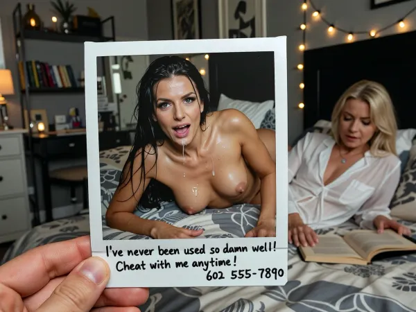 A close-up square instant photograph from a classic instant camera with a white border at the bottom, a male hand holds the photograph in sharp focus, his fingers detailed, the photo shows a portrait of a sexy woman, 28 years old, lying on a rumpled bed, disheveled, sweaty skin, very long black hair, tight body, hard nipples, skinny collarbone, small breasts, very detailed aged face, seductive pose, sweat, her face and expression showing orgasm, eyes open, large eyes, gasping with pleasure, (extraordinary much dripping cum on face:1.6), (cum on tits:1.6), natural beauty, this photograph is the entire focus, high detail showing her skin texture and the bedding, at the bottom of the photo it handwritten says, "I’ve never been used so damn well! Cheat with me anytime! 602 555-7890", In the blurred background a dimmed entire bedroom visible with a boring Blonde woman in bed, 35 years old, (with blonde hair in white linen pajamas reading a book in bed:1.4), the same room and bedding design as in the photo, the bed linens and surroundings are identical, The bedroom is charmingly furnished with shelves and books, a desk, string lights, and ambient lighting, the entire scene filled with a sense of absence and longing, sharp focus, masterpiece, highest quality, ultra-detailed images, fine details, high resolution, 8k
