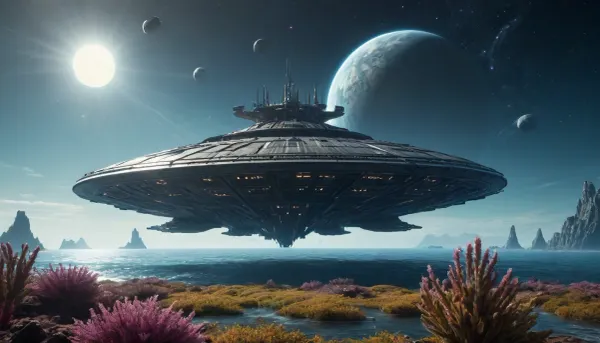 landed spaceship, alien planet with alien vegetation, alien ocean, sci-fi, Hyperion, battlecruiser, schyperionbc, <lora:Hyperion_Battlecruiser_SDXL_Starcraft:2>