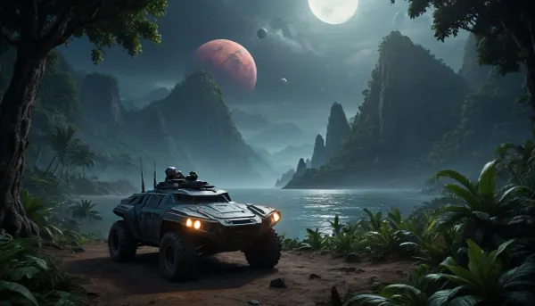 fullcolor image, 8K quality, night, alien planet, fantastic jungles, alien strange landscape, alien ocean, many fantastic animals, some planets satelite visible in sky, small human space hovercraftr hovering low over the landscape, an armored all-terrain vehicle drives through the jungle towards the mountains