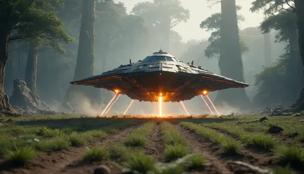 elongated human spaceship, floating low over the ground, firing a orange laser at the ground, alien planet with alien vegetation, alien jungle, sci-fi, Hyperion, battlecruiser, schyperionbc, <lora:Hyperion_Battlecruiser_SDXL_Starcraft:2>