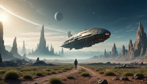 elongated human spaceship, floating low over the ground, alien planet with alien vegetation, alien city far in background, sci-fi, Hyperion, battlecruiser, schyperionbc, <lora:Hyperion_Battlecruiser_SDXL_Starcraft:2>