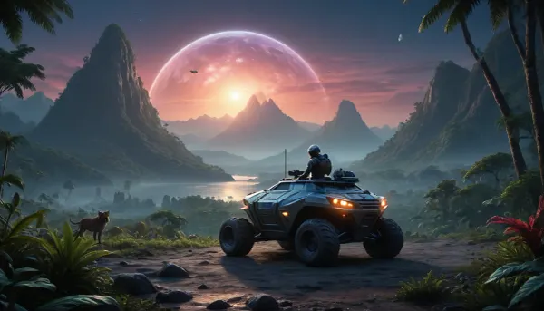 fullcolor image, 8K quality, night, alien planet, fantastic jungles, alien strange landscape, alien ocean, many fantastic animals, some planets satelite visible in sky, small human space hovercraftr hovering low over the landscape, an armored all-terrain vehicle drives through the jungle towards the mountains