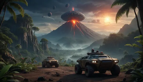 fullcolor image, 8K quality, night, alien planet, fantastic jungles, a inactiv volcano background, alien strange landscape, alien ocean, many fantastic animals, some planets satelite visible in sky, small space cruiser hovering low over the landscape, an armored all-terrain vehicle drives through the jungle towards the volcano