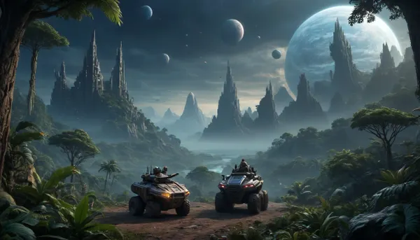 fullcolor image, 8K quality, night, alien planet, fantastic jungles, a alien city in background, alien strange landscape, alien ocean, many fantastic animals, some planets satelite visible in sky, space cruiser hovering high over the landscape, an armored all-terrain vehicle drives through the jungle towards the city