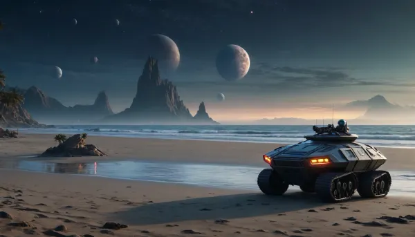 fullcolor image, 8K quality, by night, alien planet, at a beach, alien ocean, an alien city in the ocean in background, many fantastic animals, some planets satelite visible in sky, hovercraft hovering low over the see, an armored all-terrain vehicle stands at the beach