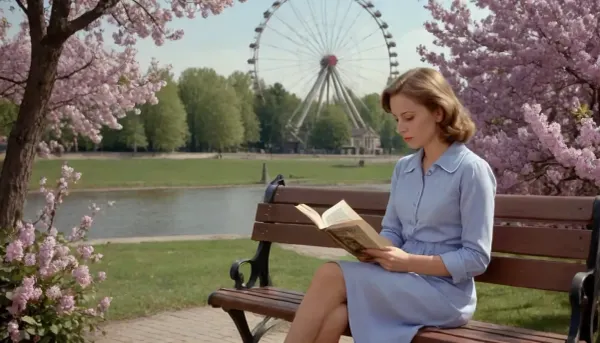 (1970s in the USSR), (Masterpiece, ultrarealistic, hiperrealistic, best quality, high definition, ultra-detailed, highly detailed photorealistic background), beautiful soviet student reads a book while sitting on vintage park bench in old soviet style under a blooming lilac bush in an ancient park, ferris wheel on the horizon, amusement park setting and entourage as background., (USSR epoch, soviet poster art style, Soviet advertising art style, 1970s analog photo for soviet magazine, 1970s atmosphere)
