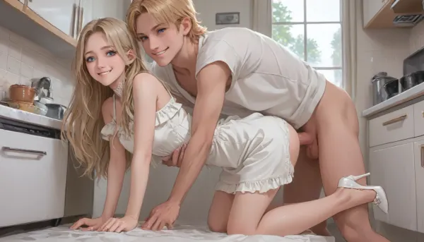 1girl, full-body, look down, (smile:2), in kitchen, blonde hair, long hair, blue eyes, eyeliner, mascara, white dress, white open jacket, off shoulder, sleeveless, white high heel, fucked doggystyle, anal, anal penetration, <lora:outline_xl_kohaku_delta_spv5x:1.3>, <lora:NEOTOKIOXL_0.2_RC:.7>, <lora:Ppolar-P3v1-NbVp10:.7>, <lora:cartoon_stickers_xl_v1:.5>