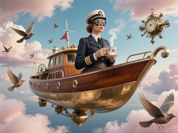 surreal photograph of a Victorian-era lady captain with aviator goggles, holding a steaming teacup on a levitating brass and mahogany yacht. The vessel is sailing through a sky filled with cotton-candy clouds and flock of mechanical clockwork birds. Vintage colors, highly textured wood and metal, cinematic depth of field, (National Geographic style shot. --ar 4:5)