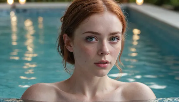 (21 year old woman), (soft focus), (moody romantic lighting, candle light, string lighting:1.2), (ultra realistic, realistic, photorealistic, photo realistic, photorealism, photo realism), (maximum quality, ultra-detailed, insanely detailed, highly detailed, high quality, uncompressed, raw source photograph), (highly detailed eyes, high resolution eyes, high quality eyes, highly detailed skin, detailed skin texture, highly detailed hair), (same color eyes, symmetric eyes, matching eyes, detailed eyes, detailed iris, detailed pupils, limbal ring around iris, perfectly round iris, perfectly round pupils), (striking eyes, captivating eyes, mesmerizing eyes, glittering eyes, Fae eyes), (highly detailed skin, detailed skin texture, highly detailed hair), (flushed face, flushed cheeks, rosy cheeks, flushed neck, flushed chest), (Irish, red hair, pale skin with prominent tan lines and freckles), (relaxing in a beautiful outdoors pool:1.4), (highly detailed nipples, high resolution nipples, high quality nipples)