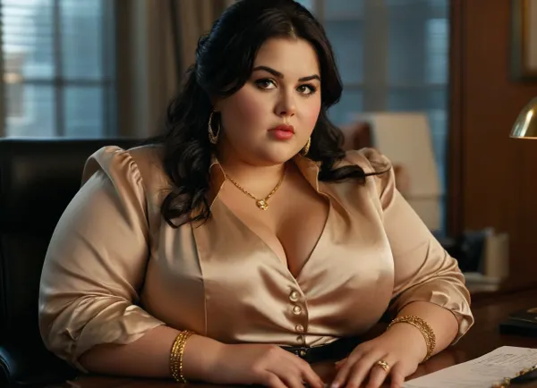 (Close-up, Portrait), office, 21 years old, black hair, obese figure, skirt, chubby detailed face, satin business shirt, gold bangles, ((busty)), mesmerizing eyes, amused arrogant face expression, dominant, femdom, wide cheekbones, perfectly styled hair, fat strong arms, chubby model face, lipgloss, elegant soft hands, lavish expensive office, classy, plumper, sitting in chair, photo-realistic, <lora:MJ52:.8>