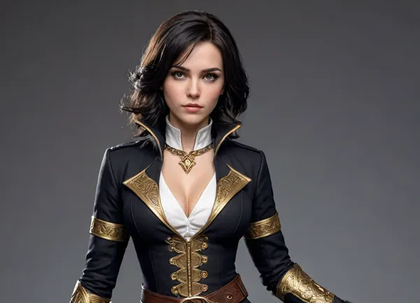 This young woman has a dark, elegant, expedition-mage look, practical but stylish, with black clothing, gold trim, magical details, and a slightly wild, melancholic face.

She appears as a young adult woman with a slim/athletic build and a serious, focused expression. Her face is soft but intense, pale-to-light warm skin, a straight nose, full but natural lips, and dark, tired-looking eyes. She has a calm, almost haunted gaze rather than a bright heroic smile.

Her hair is one of the most important details, short-to-medium black hair, roughly shoulder-length, very messy and layered, with loose waves. It frames her face heavily, with strands falling around her cheeks and forehead. In some art, the hair has subtle blue-gray highlights, giving it a cold, moonlit shine.

Her outfit is mostly black, charcoal, white, and gold. She wears a fitted, tailored top that looks like a mix between a vest, military uniform, and fantasy scholar outfit. The torso is dark, buttoned, and close-fitting, with a white high-collar shirt or neck panel underneath. Around the collar and lapels there is gold/yellow trim, giving her a refined Belle Époque / steampunk fantasy feel.

Over this she has an asymmetrical long black coat or cloak, open in the front, longer in the back and sides. The coat has structured shoulders and decorative gold linework, including geometric patterns. Her pants are fitted and dark, cropped below the knee or tight around the lower legs, with layered straps and fabric bands. She is often shown barefoot, which gives her a more mystical, grounded, ritualistic look rather than a normal soldier look.

Her arms are asymmetrical, one arm may have a black glove or sleeve, while the other is more exposed with golden wraps, markings, or bandages around the upper arm/forearm. She has small accessories like a pendant necklace, belts, straps, a pouch, and subtle metallic details. Her magic is usually represented with blue-white glow, mist, sparks, or elemental energy around her hands.

A good “dummy prompt” version, Young adult female fantasy mage, slim athletic build, pale warm skin, serious melancholic expression, dark eyes, messy shoulder-length wavy black hair with blue-gray highlights, hair framing the face. Wearing a fitted black charcoal tailored vest over a white high-collar shirt, gold trim on lapels and collar, asymmetrical long black expedition coat/cloak with structured shoulders and geometric gold line patterns, dark fitted cropped pants with straps and fabric bands, barefoot, one black glove/sleeve, one arm exposed with golden wraps and magical markings, pendant necklace, belts and pouches, elegant dark Belle Époque steampunk fantasy adventurer style, blue-white elemental magic glowing around her hands, painterly realistic video game concept art.