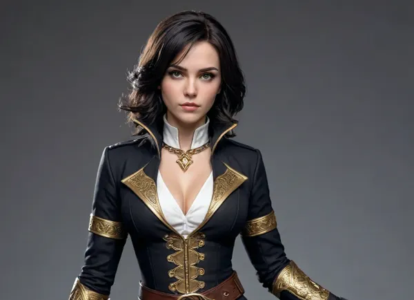 This young woman has a dark, elegant, expedition-mage look, practical but stylish, with black clothing, gold trim, magical details, and a slightly wild, melancholic face.

She appears as a young adult woman with a slim/athletic build and a serious, focused expression. Her face is soft but intense, pale-to-light warm skin, a straight nose, full but natural lips, and dark, tired-looking eyes. She has a calm, almost haunted gaze rather than a bright heroic smile.

Her hair is one of the most important details, short-to-medium black hair, roughly shoulder-length, very messy and layered, with loose waves. It frames her face heavily, with strands falling around her cheeks and forehead. In some art, the hair has subtle blue-gray highlights, giving it a cold, moonlit shine.

Her outfit is mostly black, charcoal, white, and gold. She wears a fitted, tailored top that looks like a mix between a vest, military uniform, and fantasy scholar outfit. The torso is dark, buttoned, and close-fitting, with a white high-collar shirt or neck panel underneath. Around the collar and lapels there is gold/yellow trim, giving her a refined Belle Époque / steampunk fantasy feel.

Over this she has an asymmetrical long black coat or cloak, open in the front, longer in the back and sides. The coat has structured shoulders and decorative gold linework, including geometric patterns. Her pants are fitted and dark, cropped below the knee or tight around the lower legs, with layered straps and fabric bands. She is often shown barefoot, which gives her a more mystical, grounded, ritualistic look rather than a normal soldier look.

Her arms are asymmetrical, one arm may have a black glove or sleeve, while the other is more exposed with golden wraps, markings, or bandages around the upper arm/forearm. She has small accessories like a pendant necklace, belts, straps, a pouch, and subtle metallic details. Her magic is usually represented with blue-white glow, mist, sparks, or elemental energy around her hands.

A good “dummy prompt” version, Young adult female fantasy mage, slim athletic build, pale warm skin, serious melancholic expression, dark eyes, messy shoulder-length wavy black hair with blue-gray highlights, hair framing the face. Wearing a fitted black charcoal tailored vest over a white high-collar shirt, gold trim on lapels and collar, asymmetrical long black expedition coat/cloak with structured shoulders and geometric gold line patterns, dark fitted cropped pants with straps and fabric bands, barefoot, one black glove/sleeve, one arm exposed with golden wraps and magical markings, pendant necklace, belts and pouches, elegant dark Belle Époque steampunk fantasy adventurer style, blue-white elemental magic glowing around her hands, painterly realistic video game concept art.